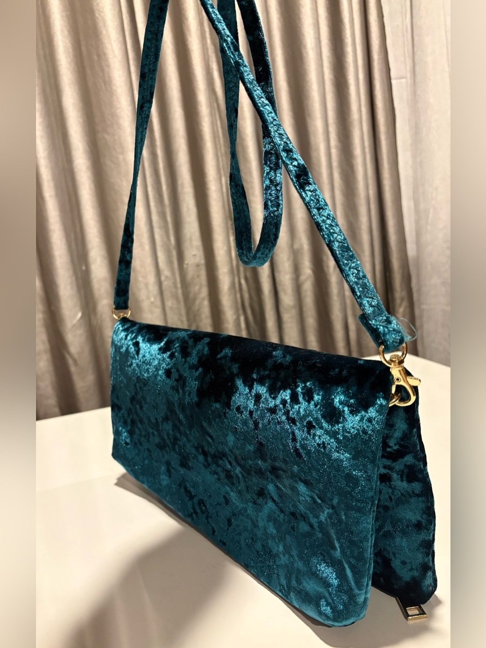 Teal Velvet Clutch Purse Bag with Gold Hardware